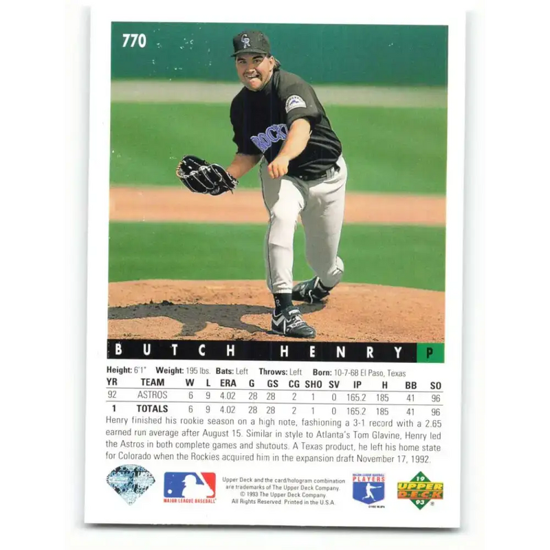 1993 Upper Deck #770 Butch Henry VG Colorado Rockies Baseball Card - Baseball Card Single