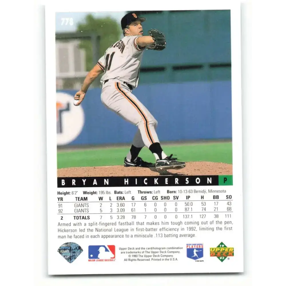 1993 Upper Deck #778 Bryan Hickerson VG San Francisco Giants Baseball Card - Baseball Card Single