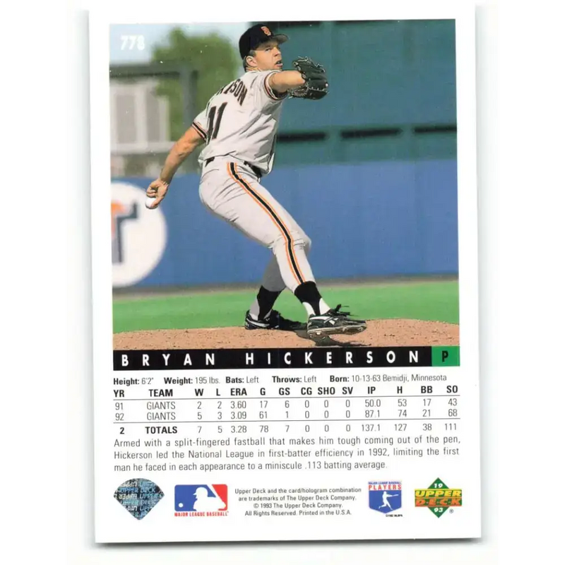 1993 Upper Deck #778 Bryan Hickerson VG San Francisco Giants Baseball Card - Baseball Card Single