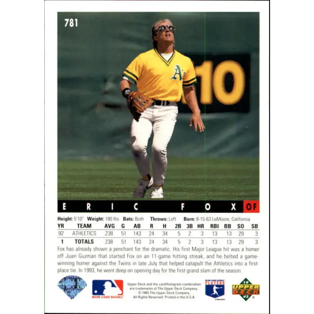 1993 Upper Deck #781 Eric Fox VG Oakland Athletics Baseball Card - Baseball Card Single