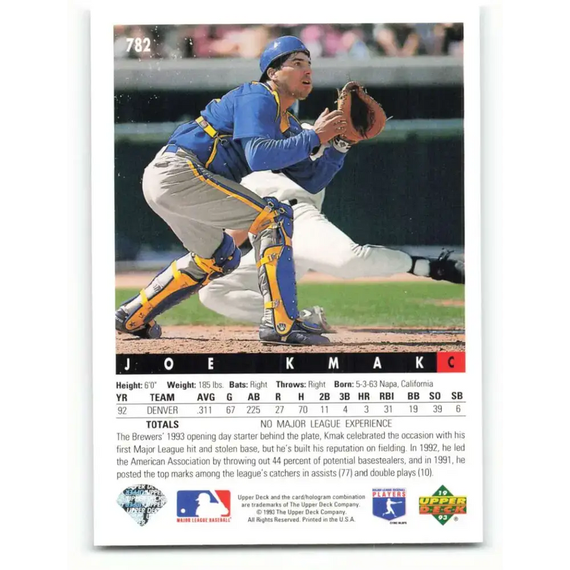 1993 Upper Deck #782 Joe Kmak VG Milwaukee Brewers Baseball Card - Baseball Card Single