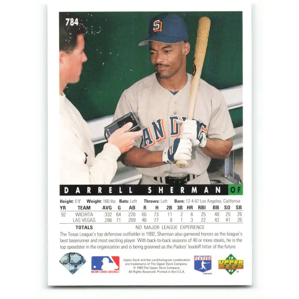 1993 Upper Deck #784 Darrell Sherman VG RC Rookie San Diego Padres Baseball Card - Baseball Card Single