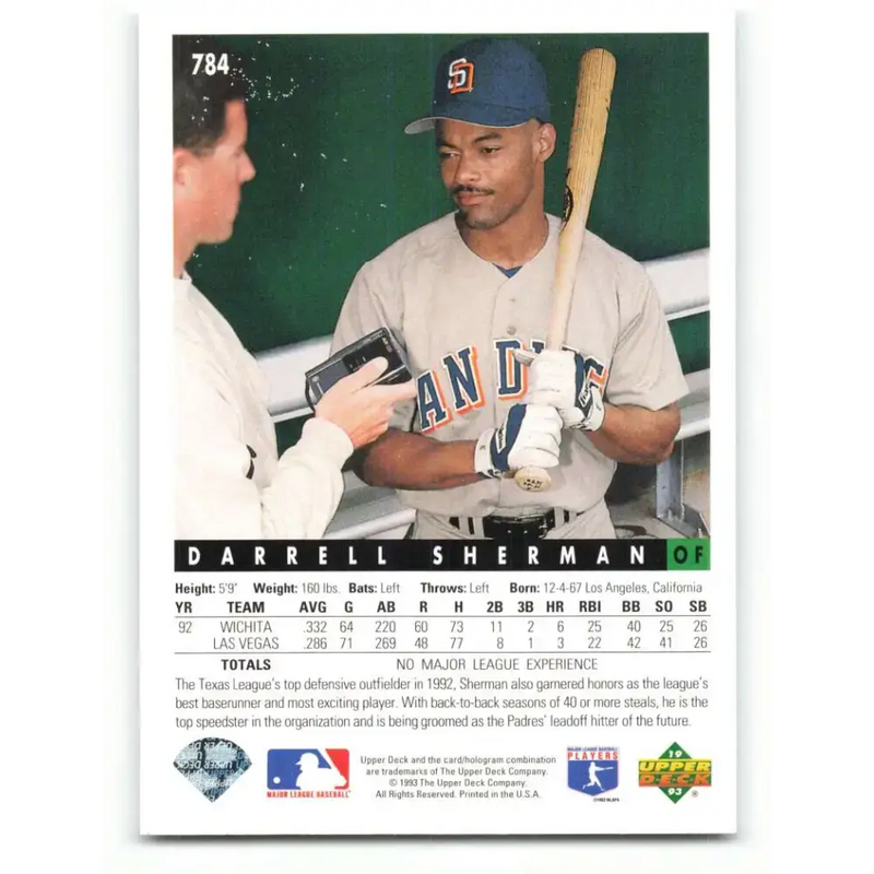 1993 Upper Deck #784 Darrell Sherman VG RC Rookie San Diego Padres Baseball Card - Baseball Card Single