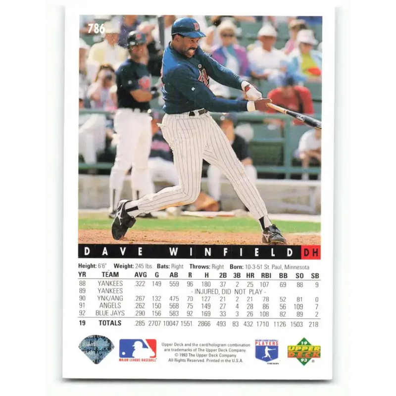 1993 Upper Deck #786 Dave Winfield VG Minnesota Twins Baseball Card - Baseball Card Single