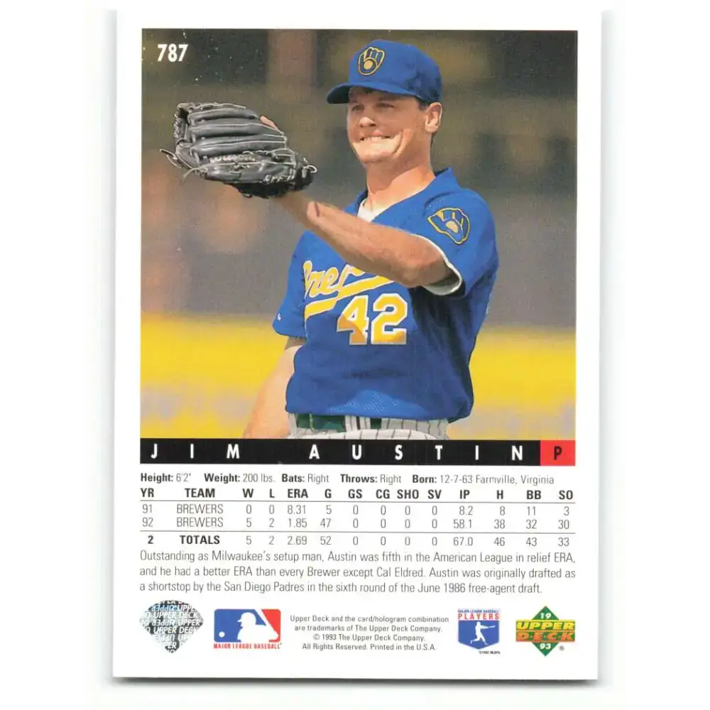 1993 Upper Deck #787 Jim Austin VG Milwaukee Brewers Baseball Card - Baseball Card Single