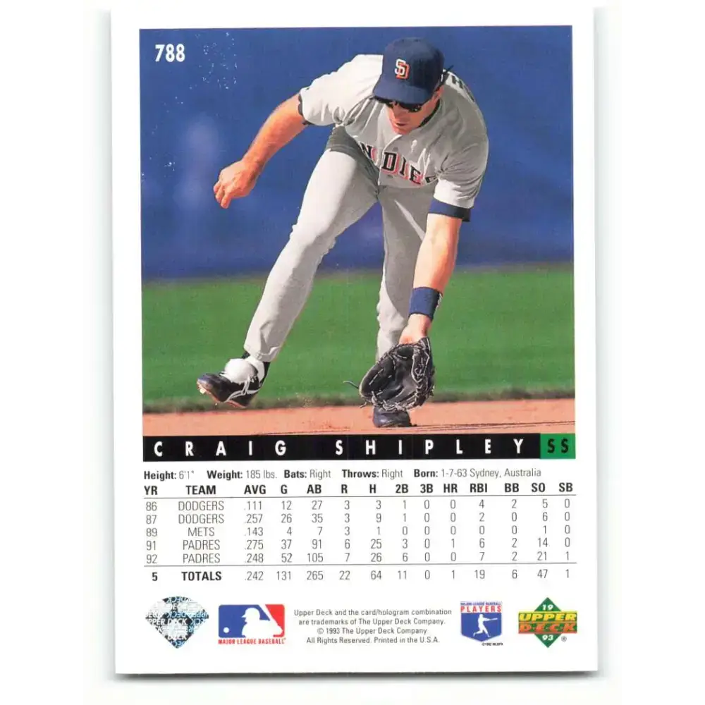 1993 Upper Deck #788 Craig Shipley VG San Diego Padres Baseball Card - Baseball Card Single