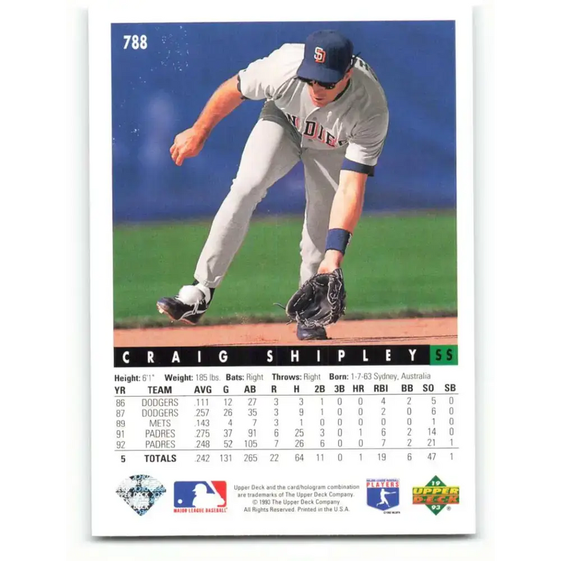 1993 Upper Deck #788 Craig Shipley VG San Diego Padres Baseball Card - Baseball Card Single