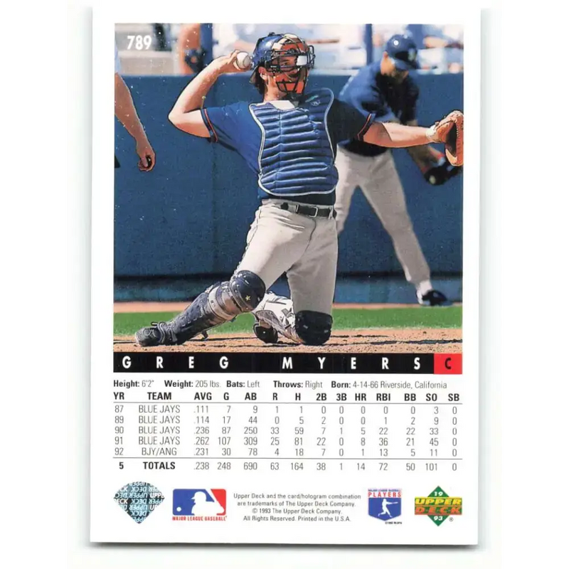 1993 Upper Deck #789 Greg Myers VG California Angels Baseball Card - Baseball Card Single