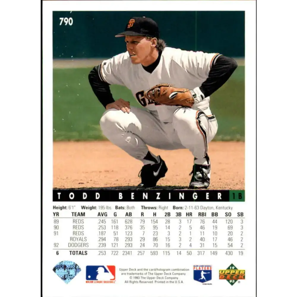 1993 Upper Deck #790 Todd Benzinger VG San Francisco Giants Baseball Card - Baseball Card Single