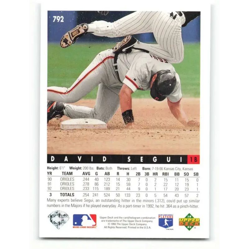 1993 Upper Deck #792 David Segui VG Baltimore Orioles Baseball Card - Baseball Card Single