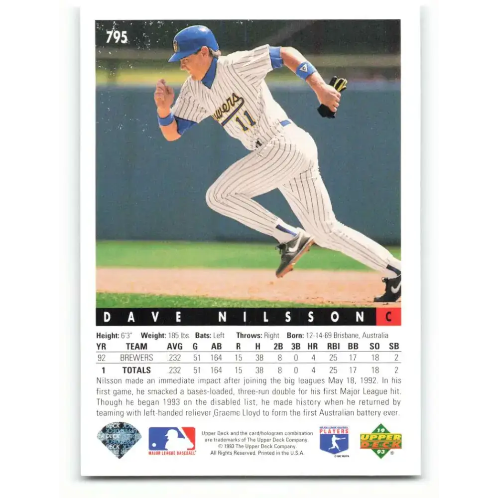 1993 Upper Deck #795 Dave Nilsson VG Milwaukee Brewers Baseball Card - Baseball Card Single