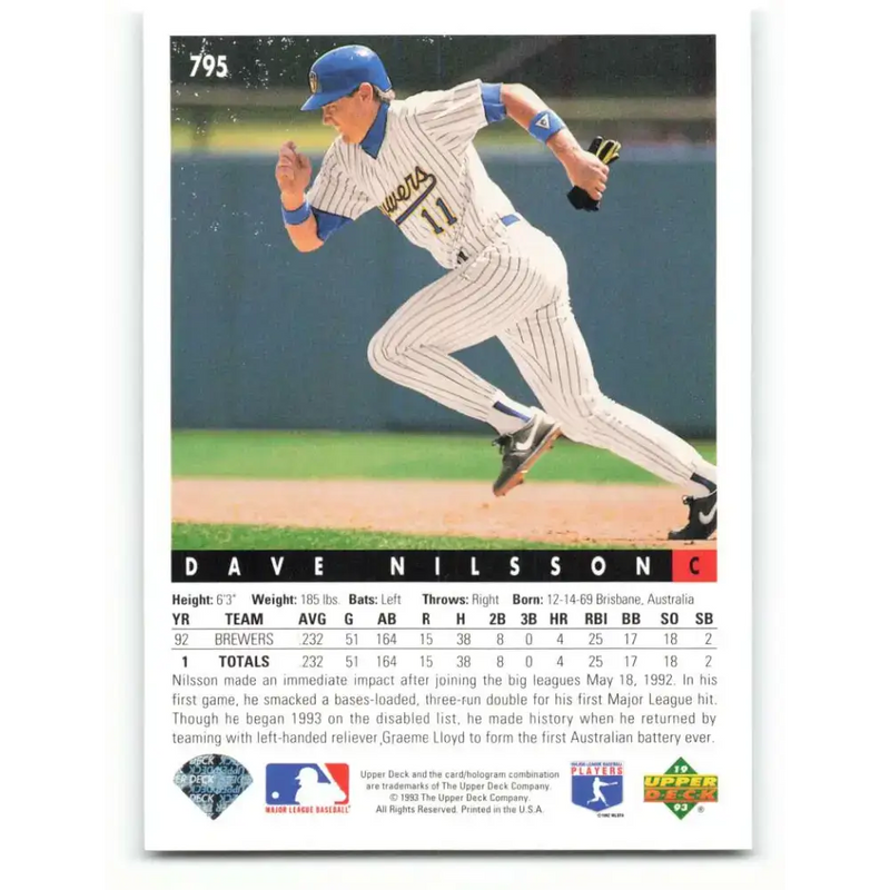 1993 Upper Deck #795 Dave Nilsson VG Milwaukee Brewers Baseball Card - Baseball Card Single