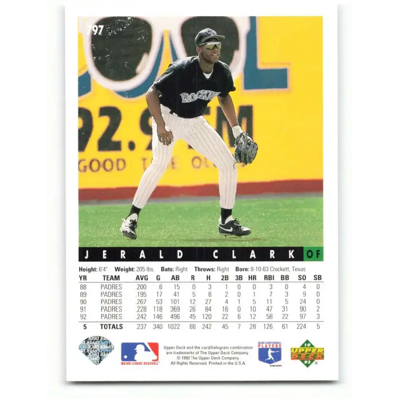 1993 Upper Deck #797 Jerald Clark VG Colorado Rockies Baseball Card - Baseball Card Single