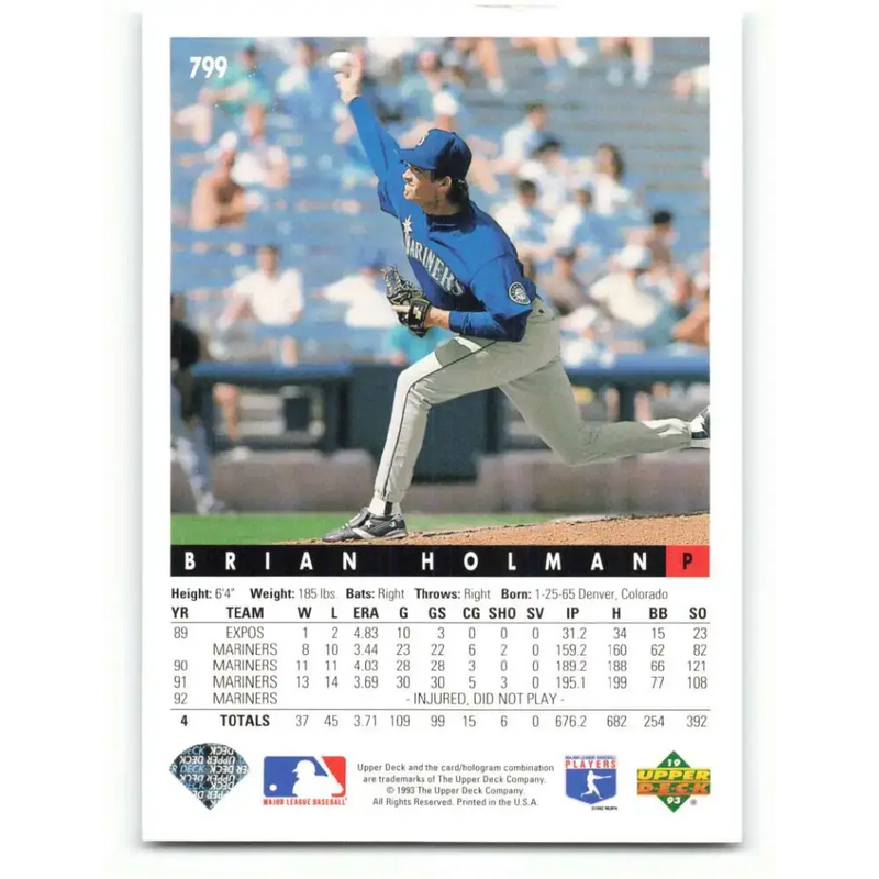 1993 Upper Deck #799 Brian Holman VG Seattle Mariners Baseball Card - Baseball Card Single