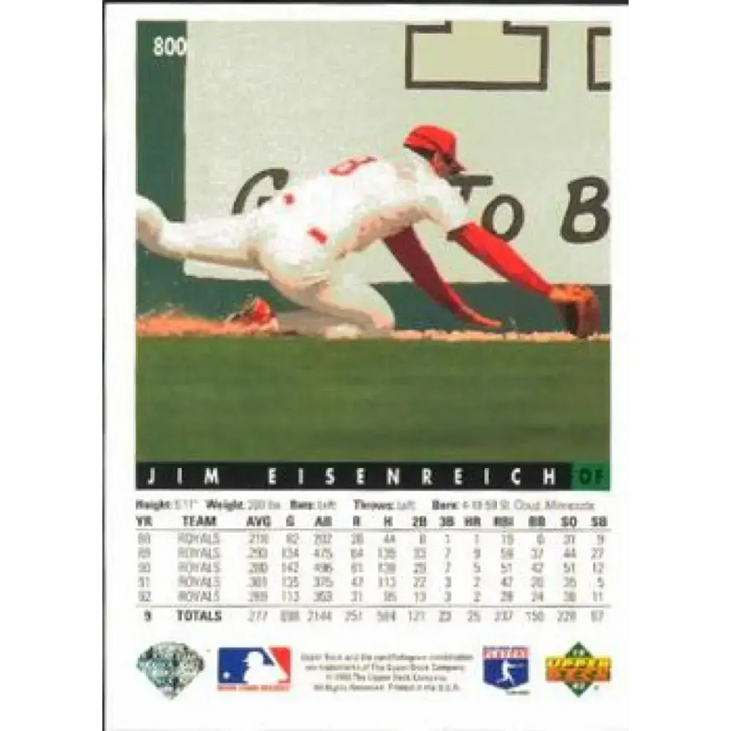 1993 Upper Deck #800 Jim Eisenreich VG Philadelphia Phillies Baseball Card - Baseball Card Single