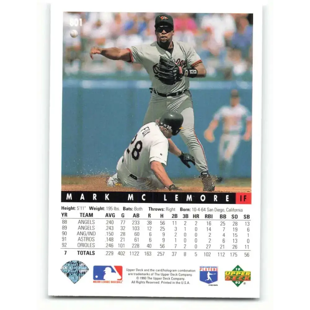1993 Upper Deck #801 Mark McLemore VG Baltimore Orioles Baseball Card - Baseball Card Single
