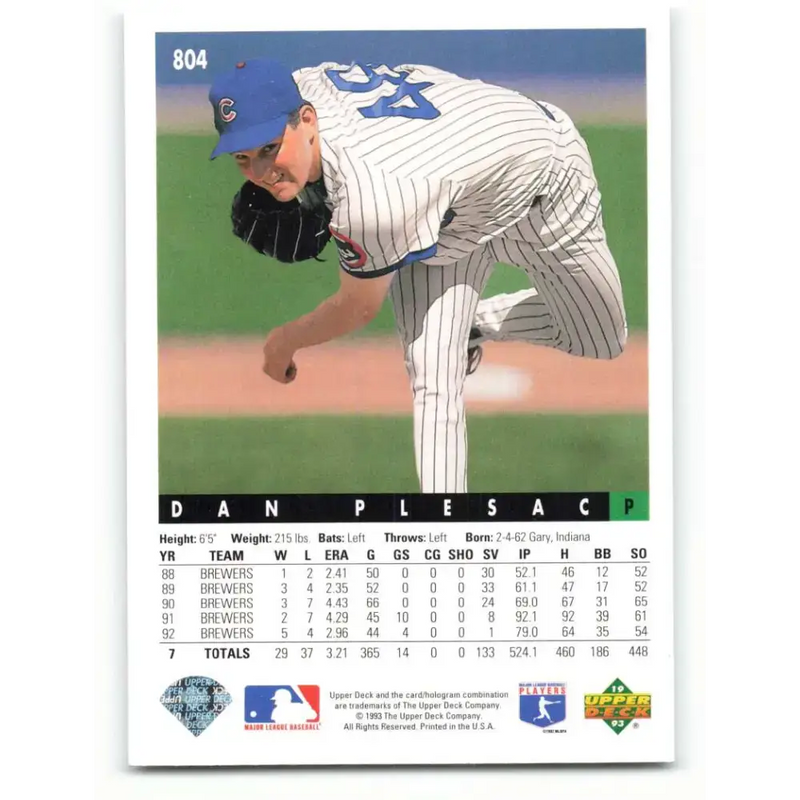 1993 Upper Deck #804 Dan Plesac VG Chicago Cubs Baseball Card - Baseball Card Single