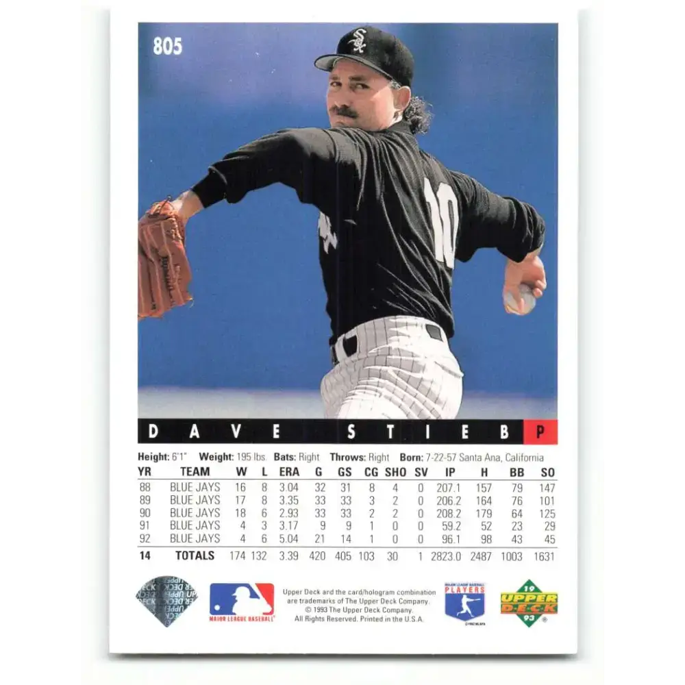 1993 Upper Deck #805 Dave Stieb VG Chicago White Sox Baseball Card - Baseball Card Single