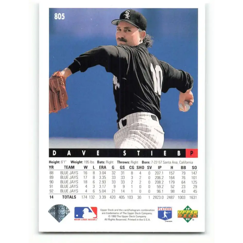 1993 Upper Deck #805 Dave Stieb VG Chicago White Sox Baseball Card - Baseball Card Single