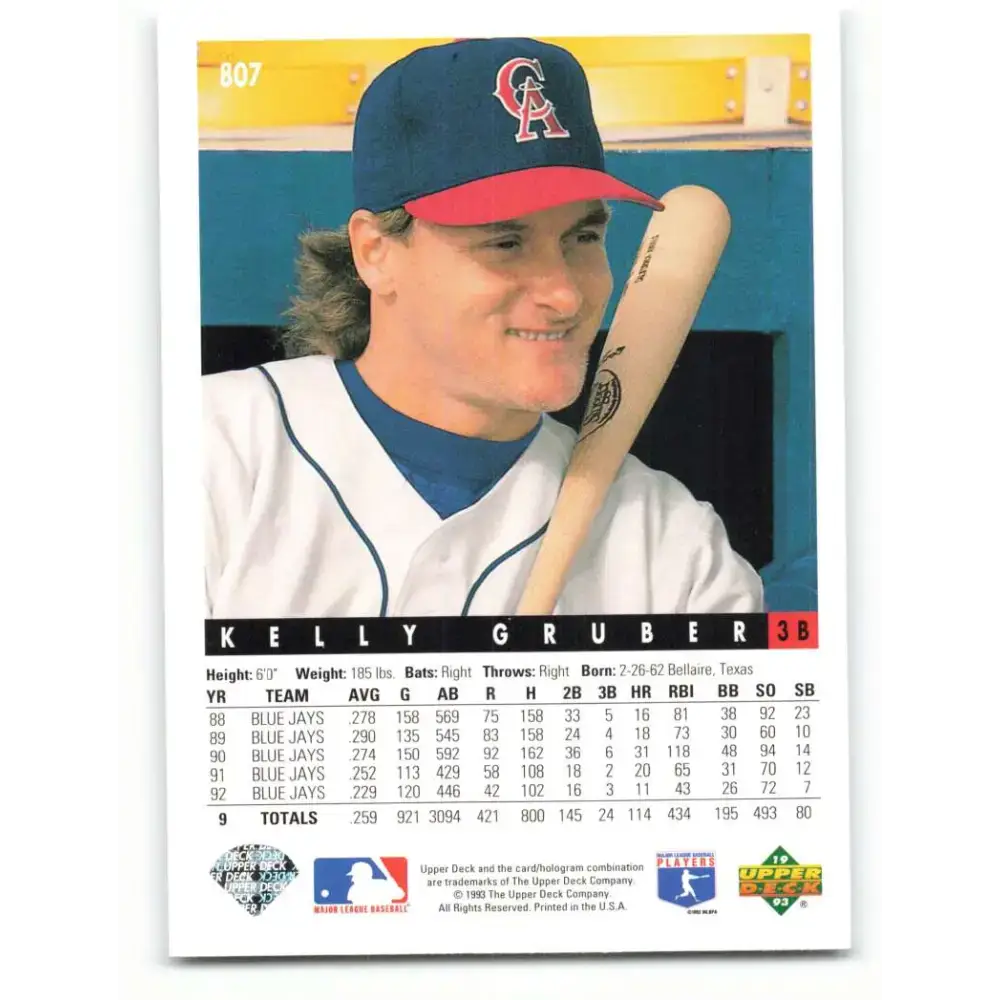 1993 Upper Deck #807 Kelly Gruber VG California Angels Baseball Card - Baseball Card Single
