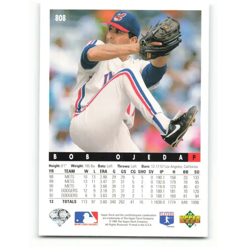 1993 Upper Deck #808 Bob Ojeda VG Cleveland Indians Baseball Card - Baseball Card Single