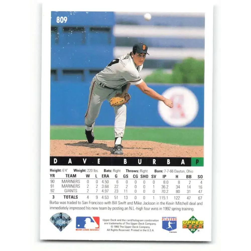 1993 Upper Deck #809 Dave Burba VG San Francisco Giants Baseball Card - Baseball Card Single