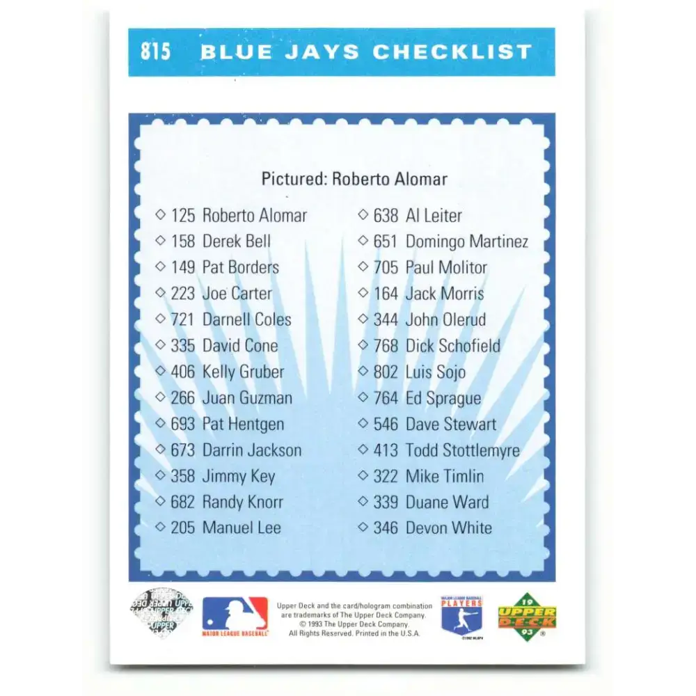 1993 Upper Deck #815 Roberto Alomar TC VG Toronto Blue Jays Baseball Card - Baseball Card Single