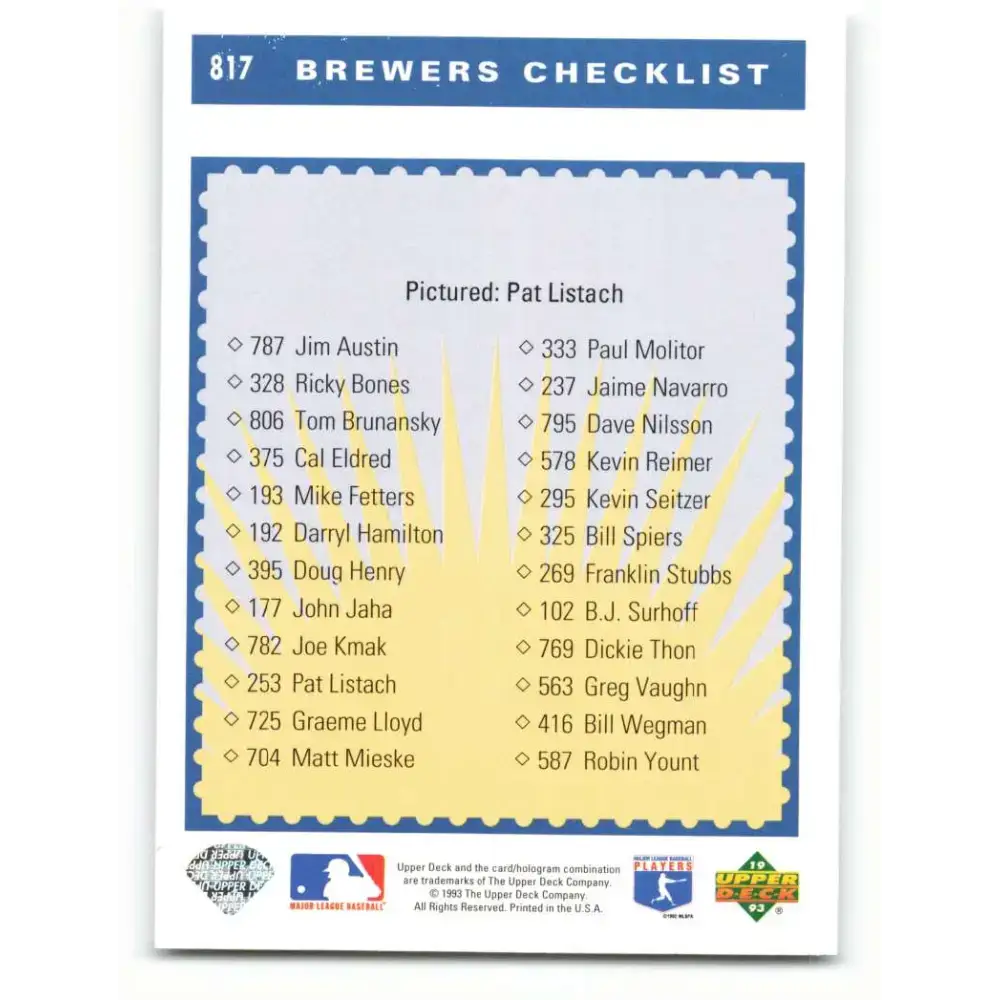 1993 Upper Deck #817 Pat Listach TC VG Milwaukee Brewers Baseball Card - Baseball Card Single