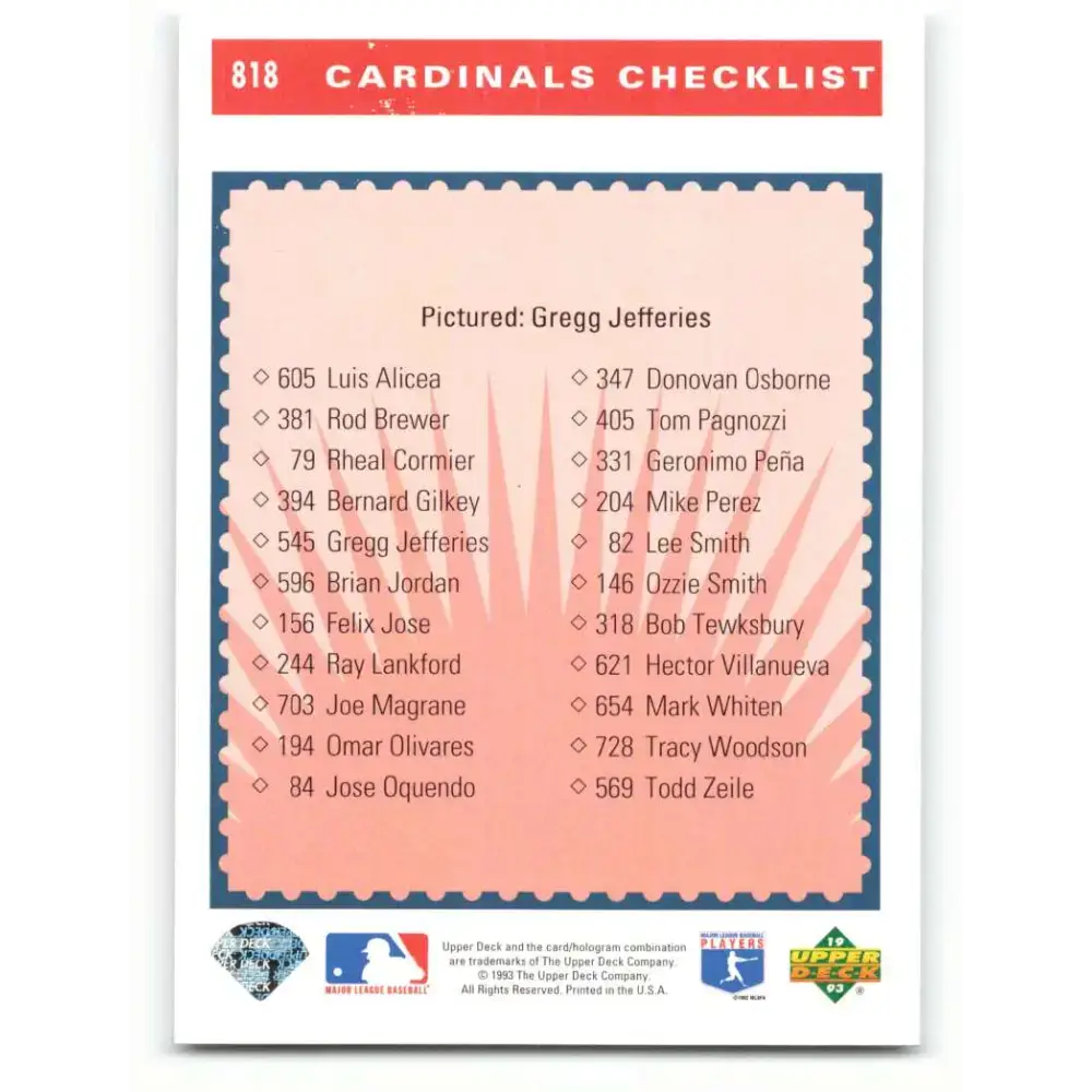 1993 Upper Deck #818 Gregg Jefferies TC VG St. Louis Cardinals Baseball Card - Baseball Card Single