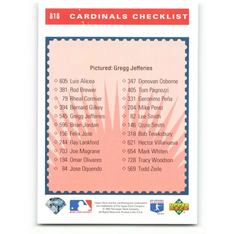 1993 Upper Deck #818 Gregg Jefferies TC VG St. Louis Cardinals Baseball Card - Baseball Card Single