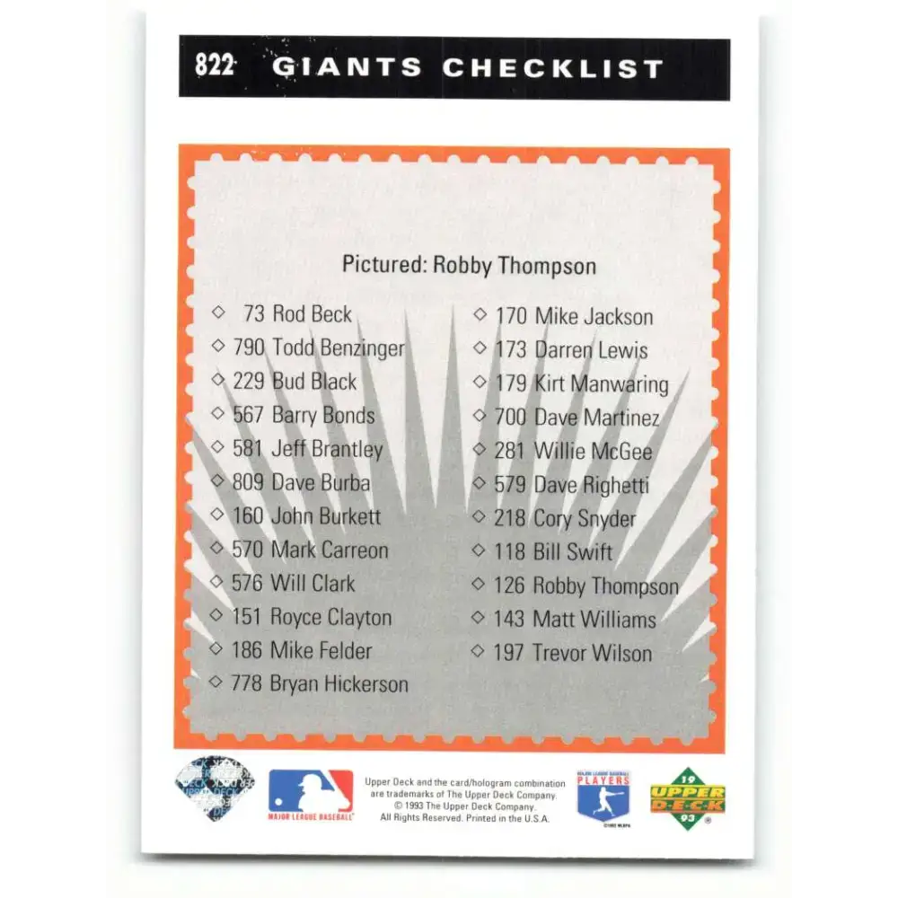1993 Upper Deck #822 Robby Thompson TC VG San Francisco Giants Baseball Card - Baseball Card Single