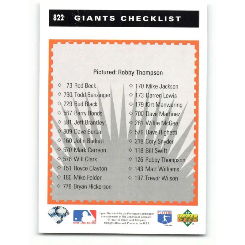 1993 Upper Deck #822 Robby Thompson TC VG San Francisco Giants Baseball Card - Baseball Card Single