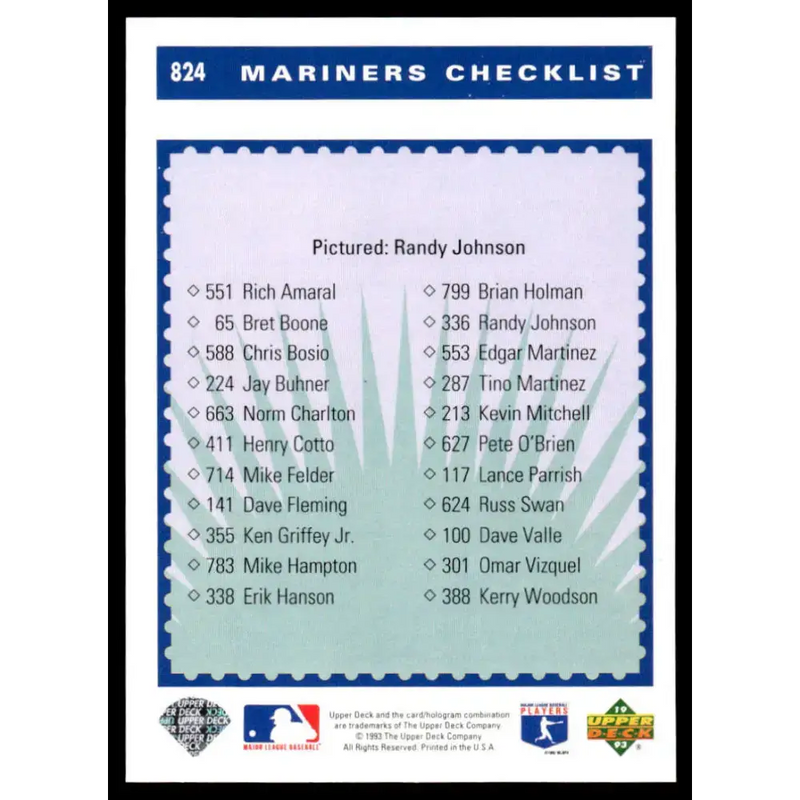 1993 Upper Deck #824 Randy Johnson NM-MT Seattle Mariners Baseball Card - Baseball Card Single