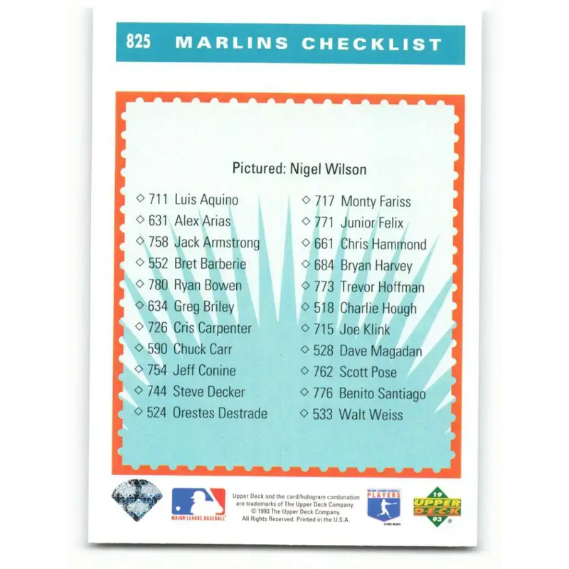 1993 Upper Deck #825 Nigel Wilson TC VG Florida Marlins Baseball Card - Baseball Card Single
