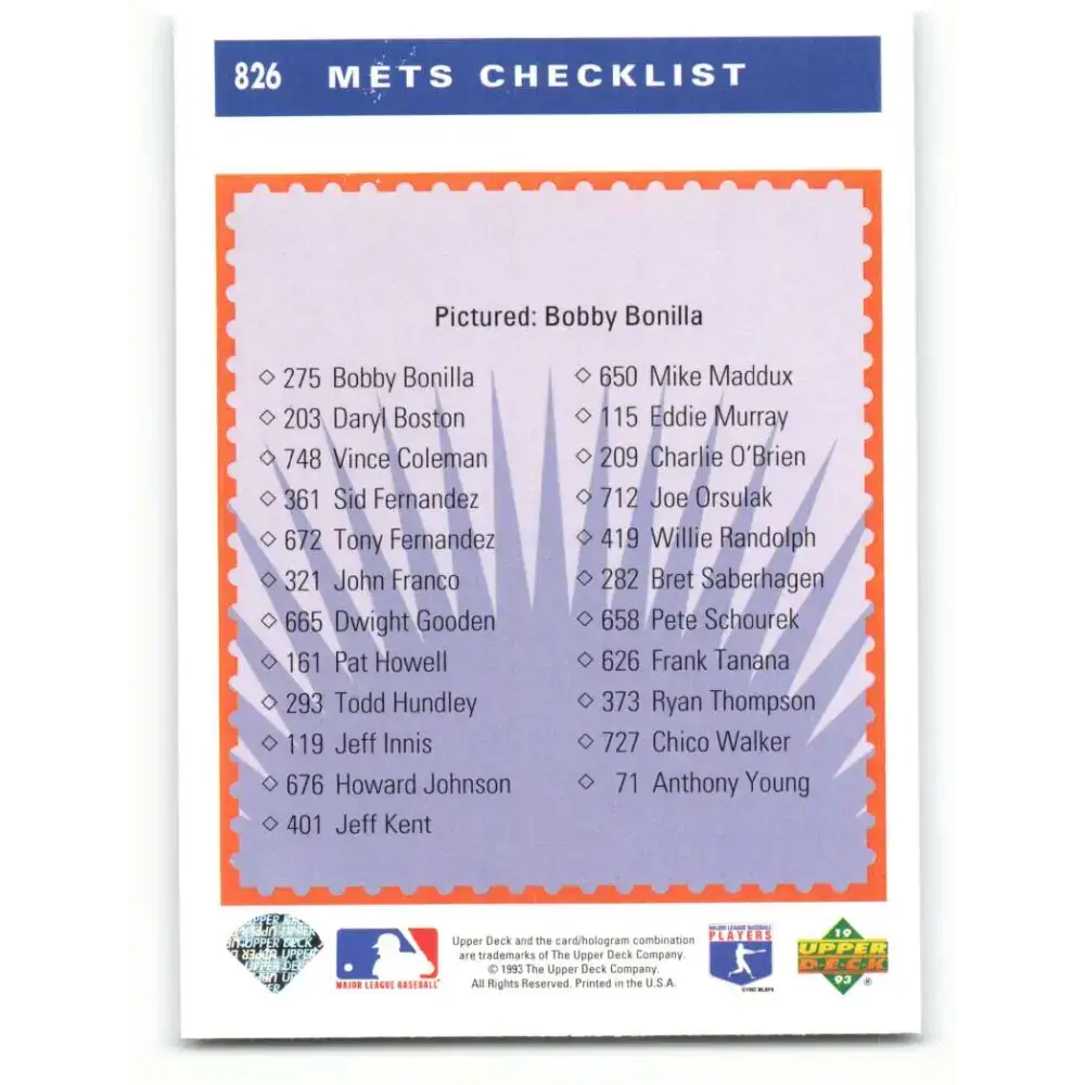 1993 Upper Deck #826 Bobby Bonilla TC VG New York Mets Baseball Card - Baseball Card Single