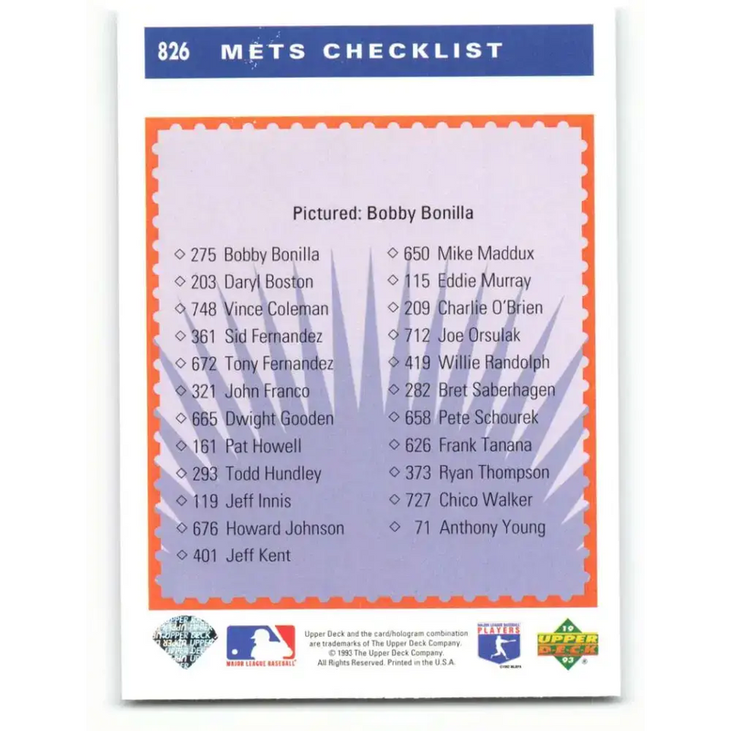1993 Upper Deck #826 Bobby Bonilla TC VG New York Mets Baseball Card - Baseball Card Single