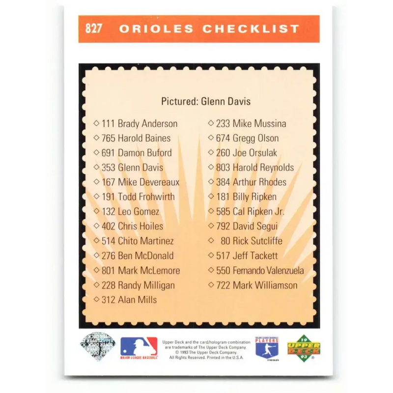1993 Upper Deck #827 Glenn Davis TC VG Baltimore Orioles Baseball Card - Baseball Card Single