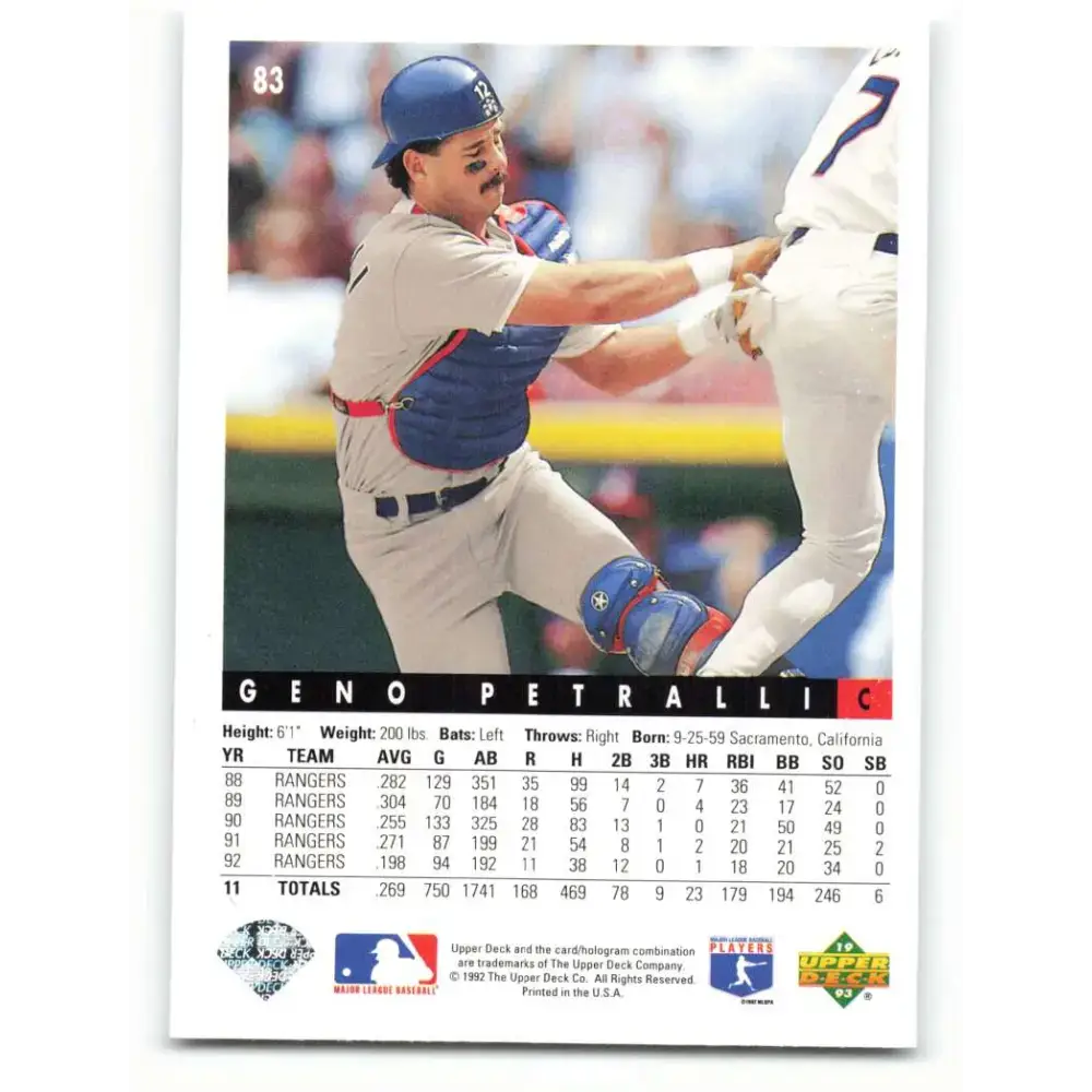 1993 Upper Deck #83 Geno Petralli VG Texas Rangers Baseball Card - Baseball Card Single