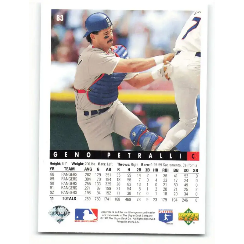 1993 Upper Deck #83 Geno Petralli VG Texas Rangers Baseball Card - Baseball Card Single