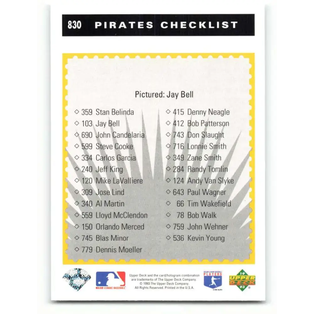 1993 Upper Deck #830 Jay Bell TC VG Pittsburgh Pirates Baseball Card - Baseball Card Single