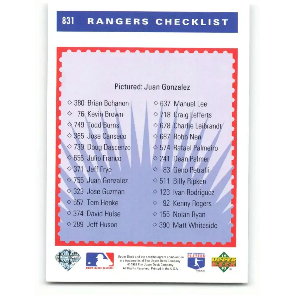 1993 Upper Deck #831 Juan Gonzalez TC VG Texas Rangers Baseball Card - Baseball Card Single