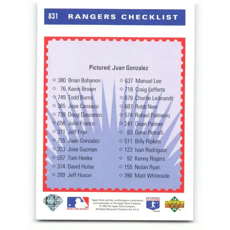 1993 Upper Deck #831 Juan Gonzalez TC VG Texas Rangers Baseball Card - Baseball Card Single