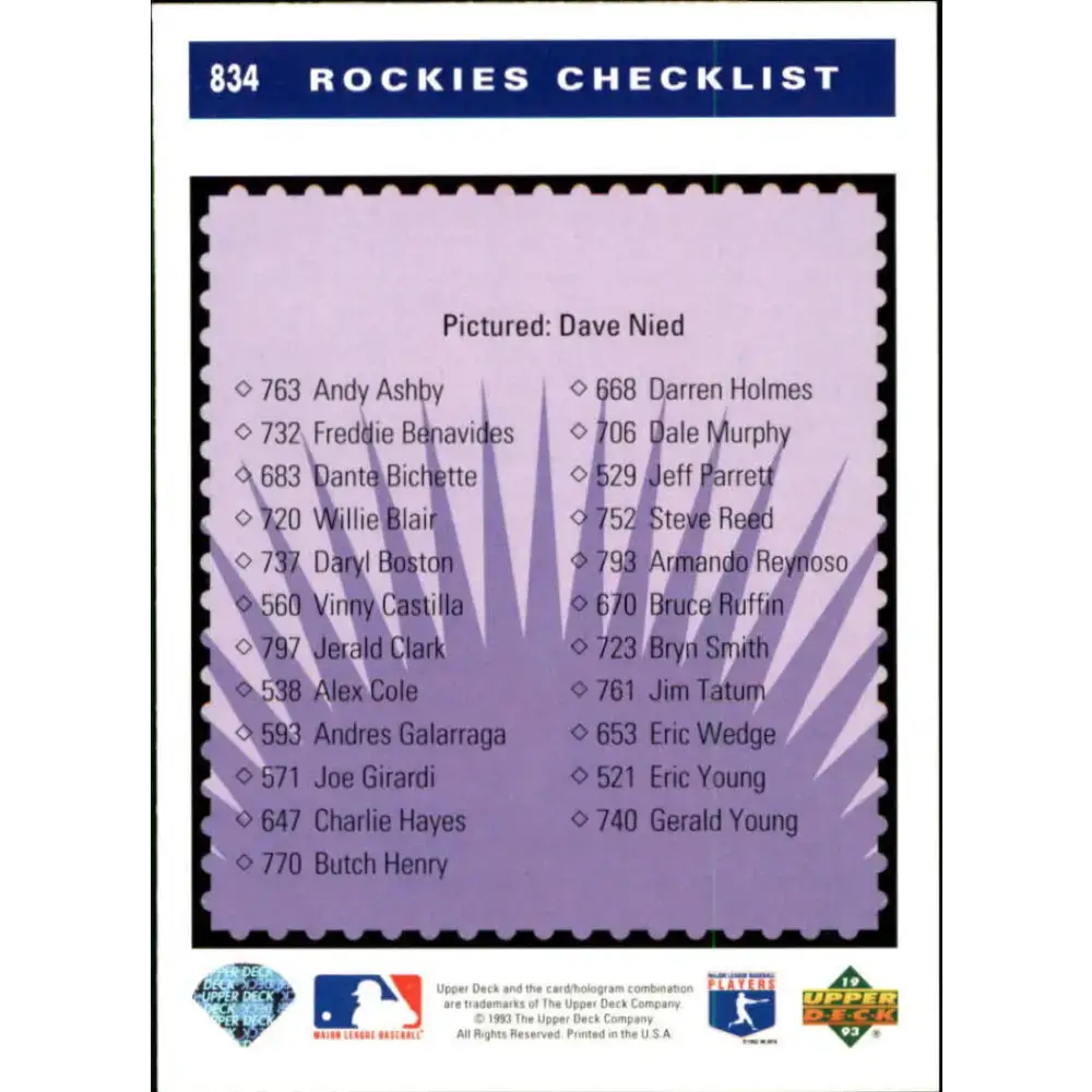 1993 Upper Deck #834 David Nied TC VG Colorado Rockies Baseball Card - Baseball Card Single