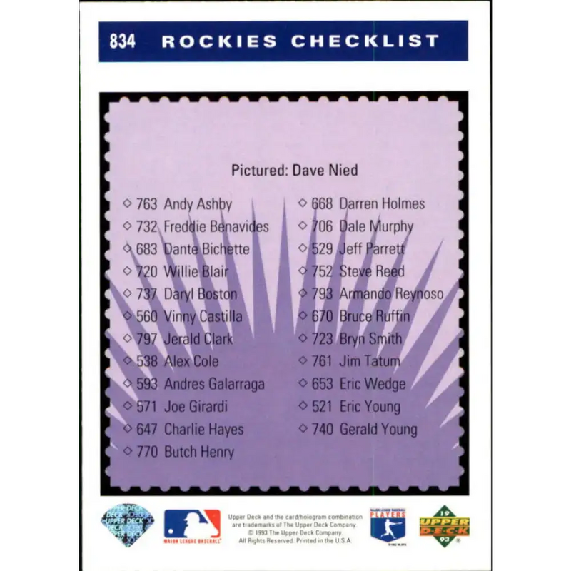 1993 Upper Deck #834 David Nied TC VG Colorado Rockies Baseball Card - Baseball Card Single