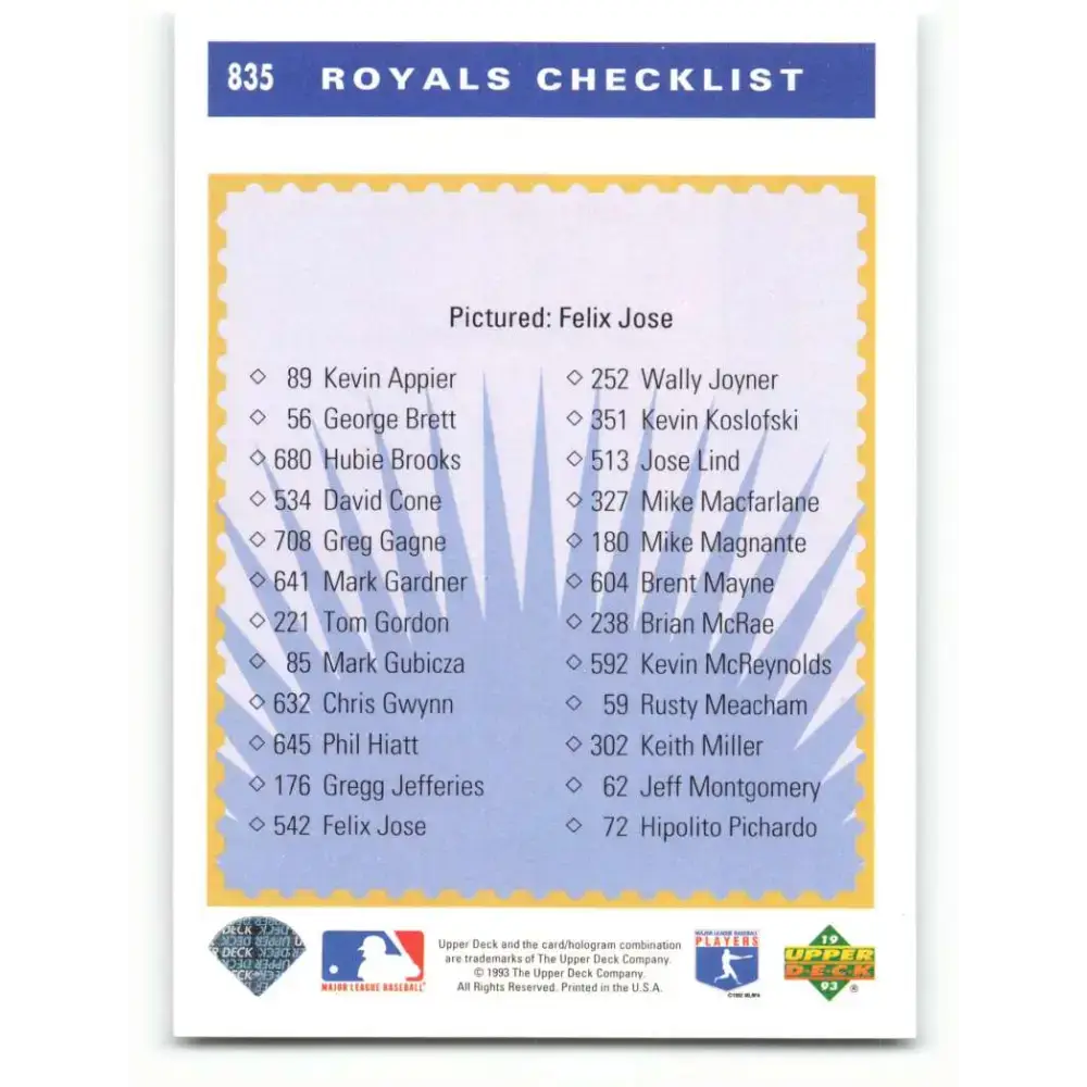 1993 Upper Deck #835 Felix Jose TC VG Kansas City Royals Baseball Card - Baseball Card Single