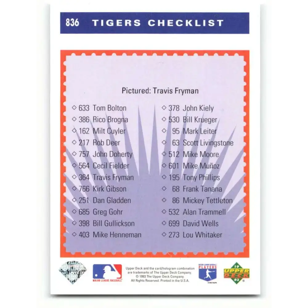1993 Upper Deck #836 Travis Fryman TC VG Detroit Tigers Baseball Card - Baseball Card Single