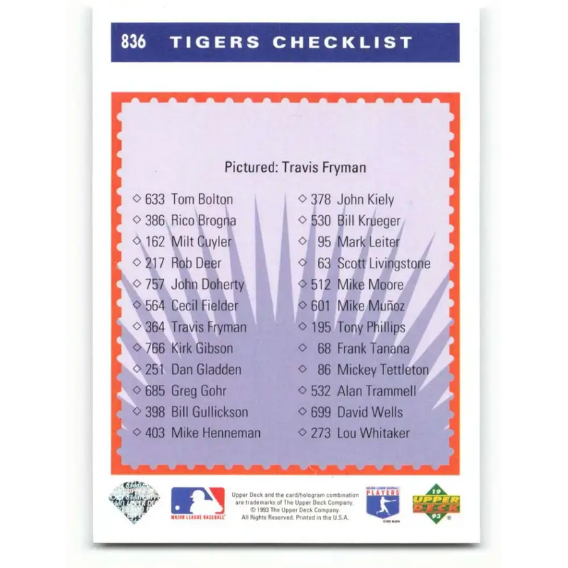 1993 Upper Deck #836 Travis Fryman TC VG Detroit Tigers Baseball Card - Baseball Card Single