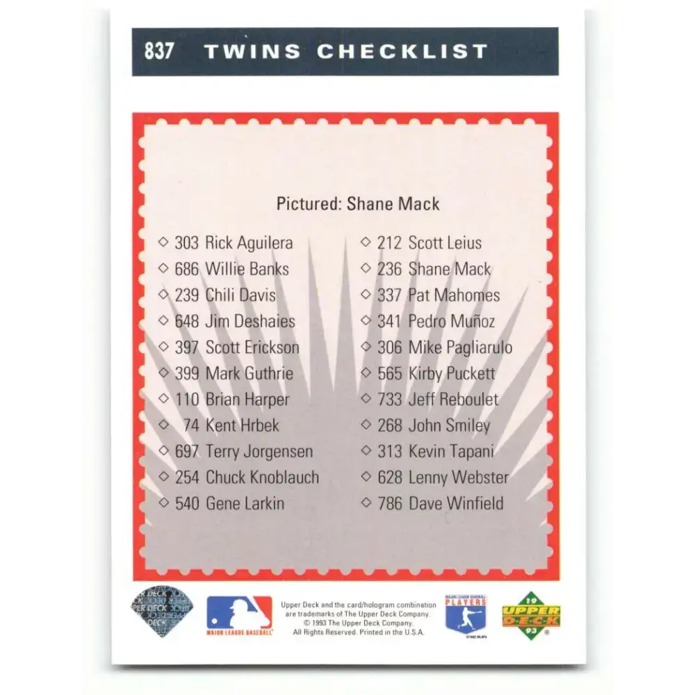 1993 Upper Deck #837 Shane Mack TC VG Minnesota Twins Baseball Card - Baseball Card Single