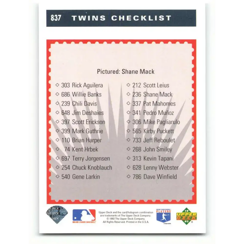 1993 Upper Deck #837 Shane Mack TC VG Minnesota Twins Baseball Card - Baseball Card Single