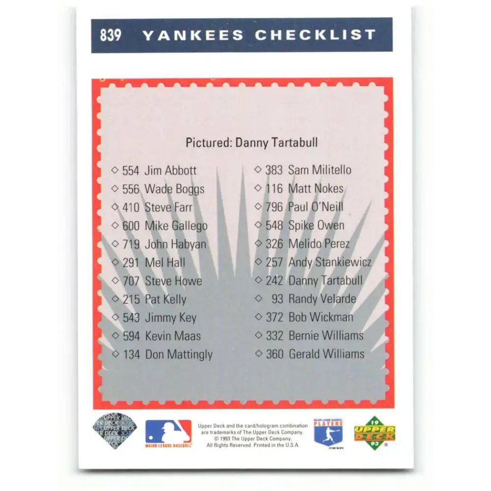 1993 Upper Deck #839 Danny Tartabull TC VG New York Yankees Baseball Card - Baseball Card Single